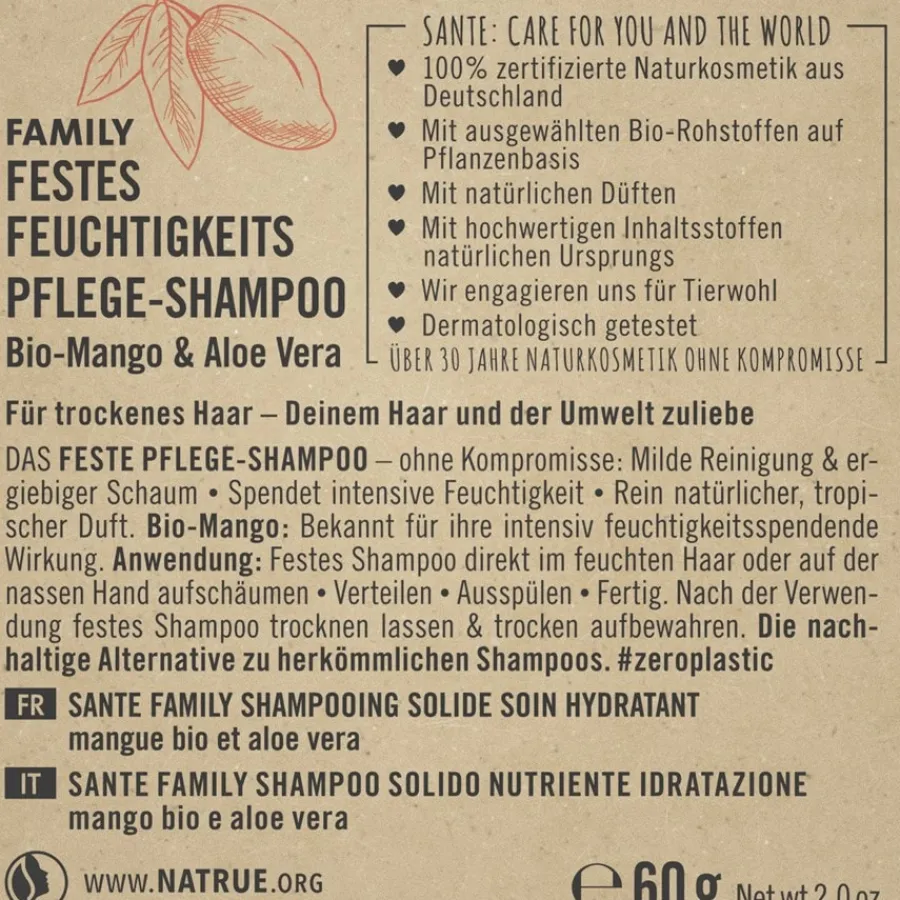 Sante Naturkosmetik Festes Feuchtigkeits Pflege-Shampoo Bio-Mango & Aloe Vera von
