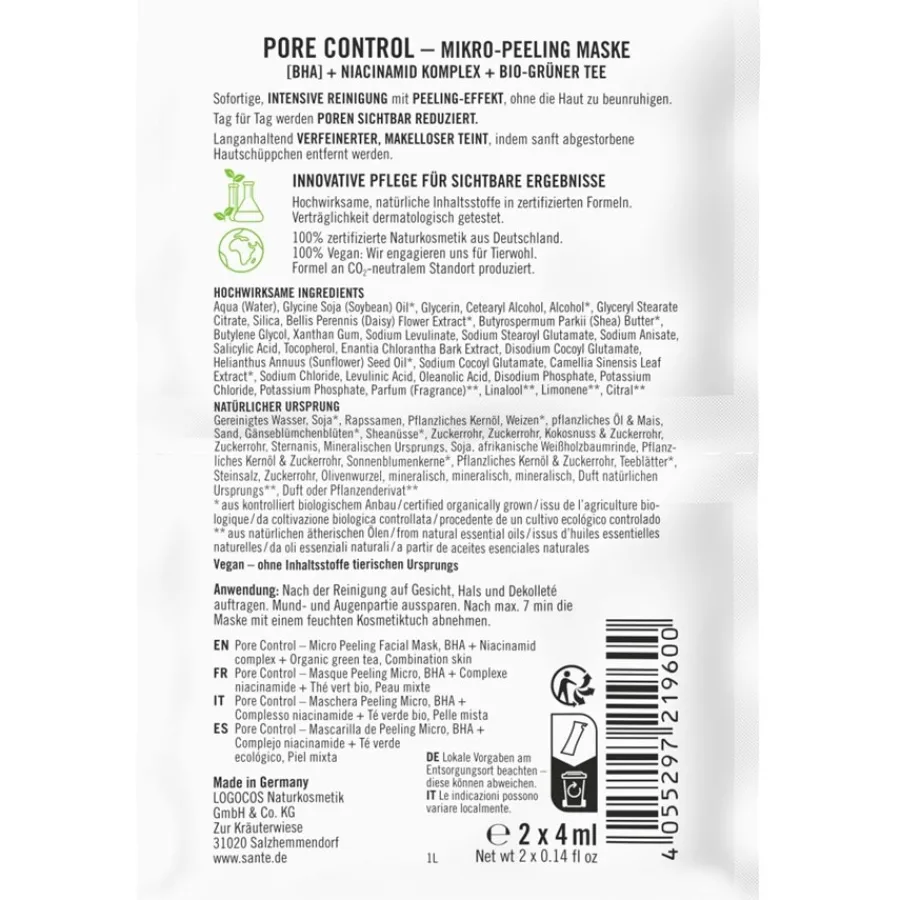Sante Naturkosmetik Masken Pore Control Mikro-Peeling Maske mit BHA, Niacinamid Komplex & Bio-Grüner Tee von